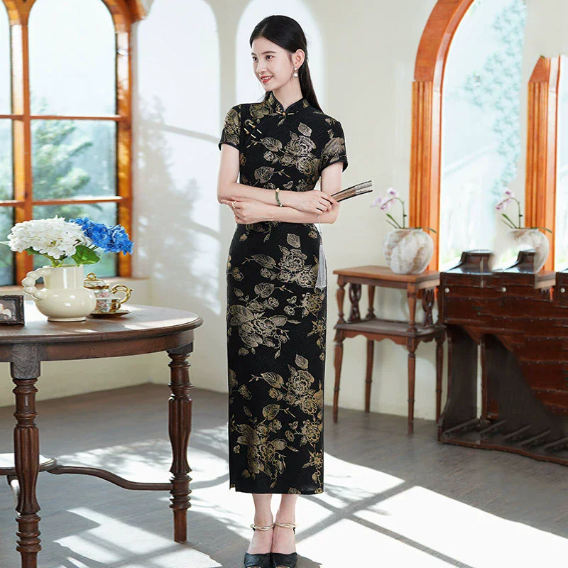 Hot Stamping Black Chinese Style Long Modified Cheongsam 2025 for Young Women Short Sleeve Spring/Summer Qipao