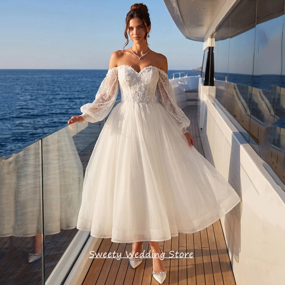 Customized Corset Wedding Dress New Arrival Puff Sleeves Sweetheart Sequined Lace Applique Ankle Length Bridal Gown