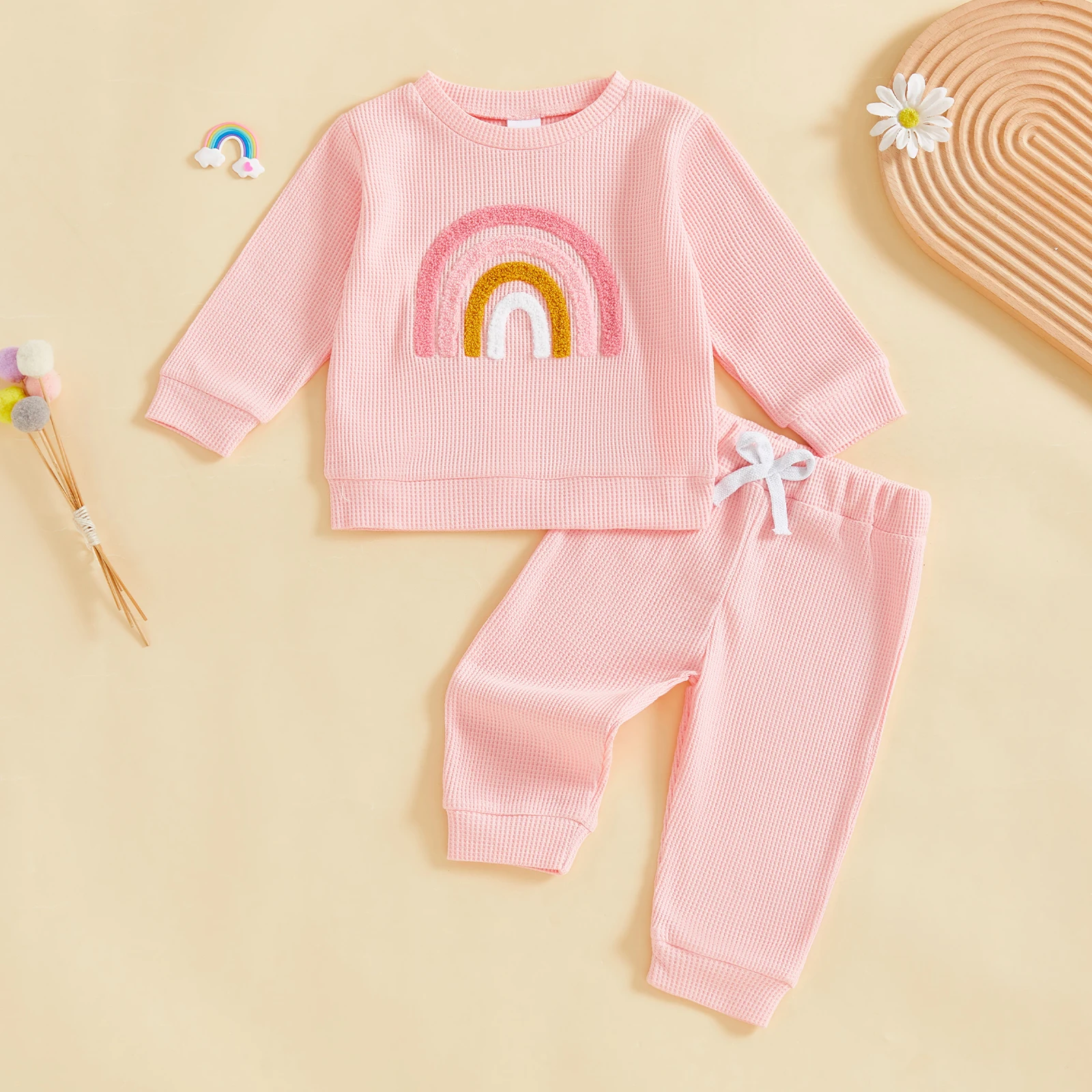 

Осенний комплект для маленьких девочек, модный пуловер с длинными рукавами и радужной вышивкой, штаны, комплект из 2 предметов