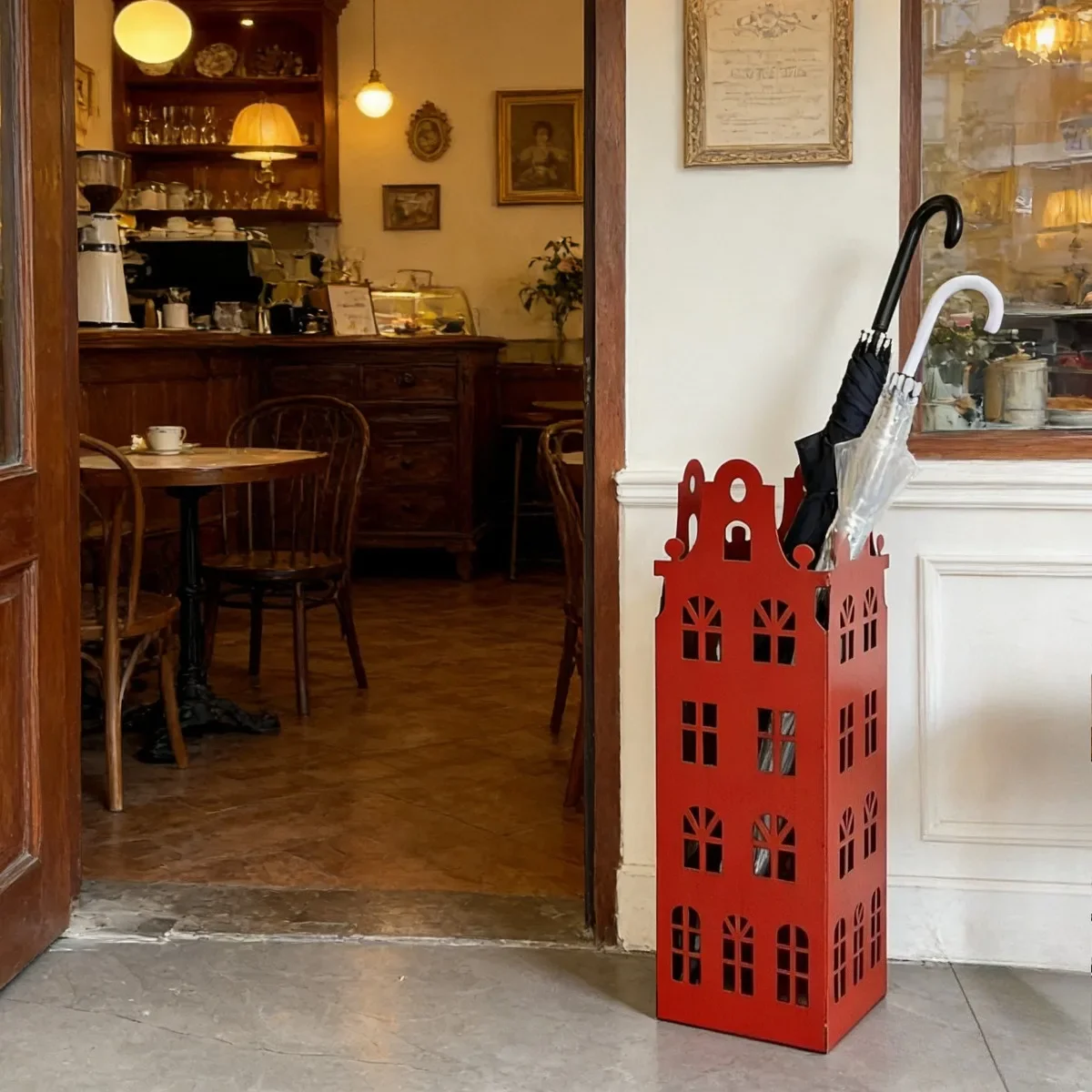 DSA French Retro Square Umbrella Stand - Red Castle Hollow Drain Rack Shelf Ornament Hotel Homestay Decoration