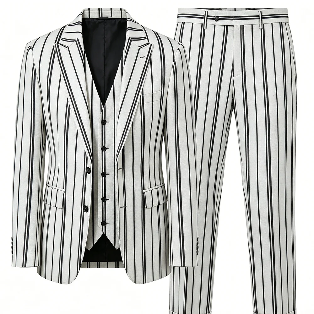 Chic Men White Black Vertical Stripe 3 Piece Suit Jacket Waistcoat Pants Slim Fit Wedding Business Tuxedo Set Luxury Modern Wear