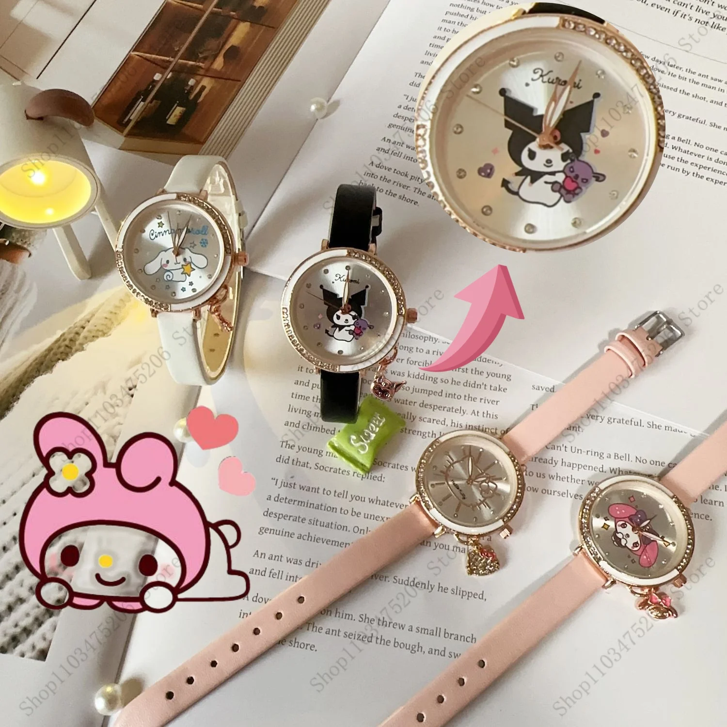 

Quartz Watch Kawaii Cartoon Anime Figure Melody HelloKittys Kuromi Cinnamoroll High Quality White Leather Watch Girl Gifts