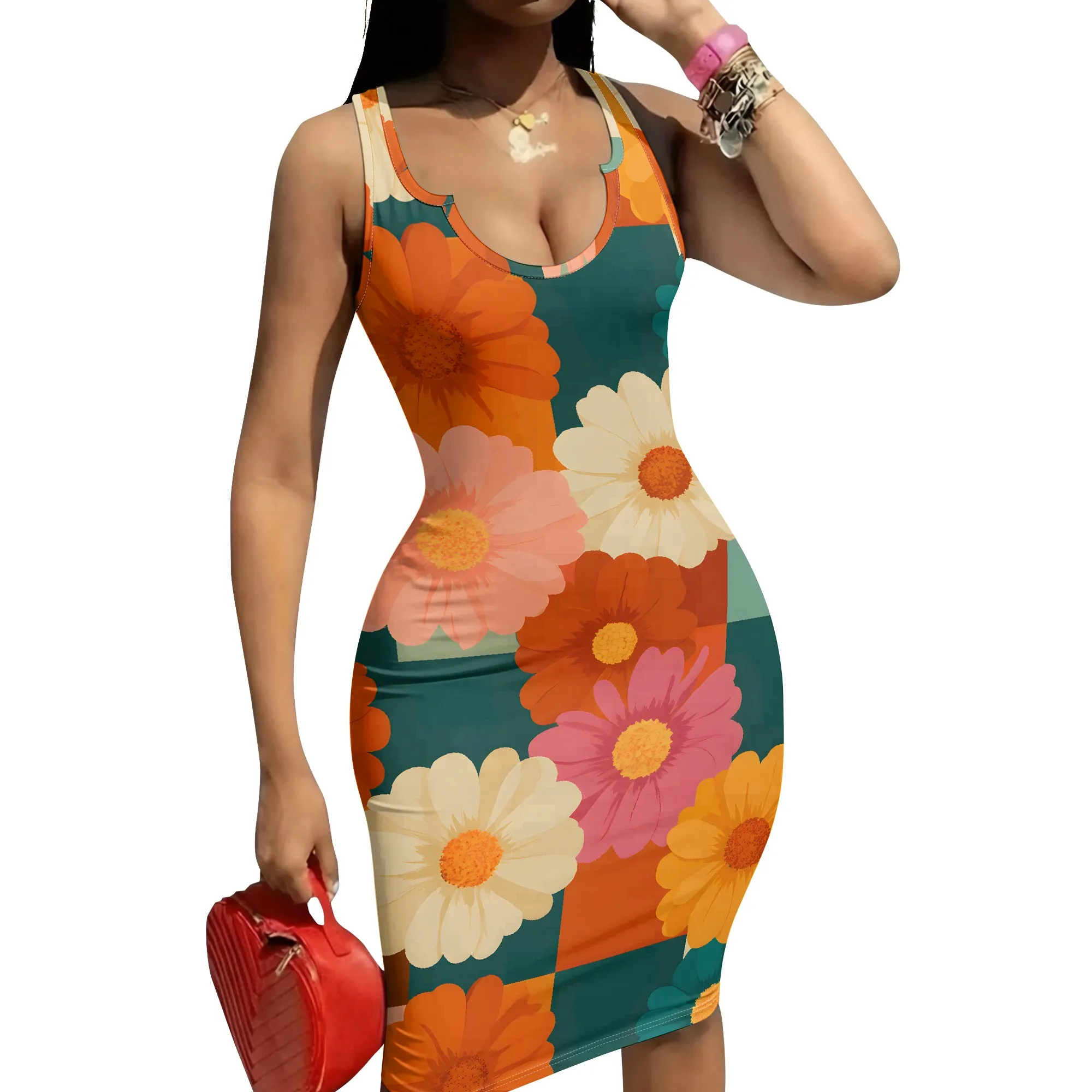 Vibrant Floral Print Dress, Colorful Daisy Pattern, Bodycon Tank Style, Summer Beach Party Wear, XS-2XL