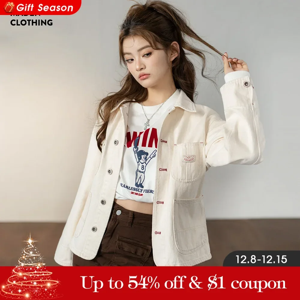 Maden New Vintage White Denim Coat 11.2OZ Turn-down Collar Jacket Loose Casual Single Breasted Denim Jacket Women Clothing