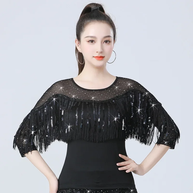 Latin Dance Suit Adult Gitaba Women Ballroom Sequin Costume Modern Dance Tassel Sexy Mesh Mid-Sleeve Social Dance Top M-4XL