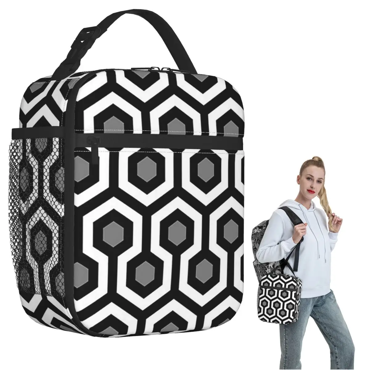 Geometric Pattern Looped Hexagons Kerry Insulated Lunch Bag for Women Children Portable Food Boxes Thermal Lunch Box Tote