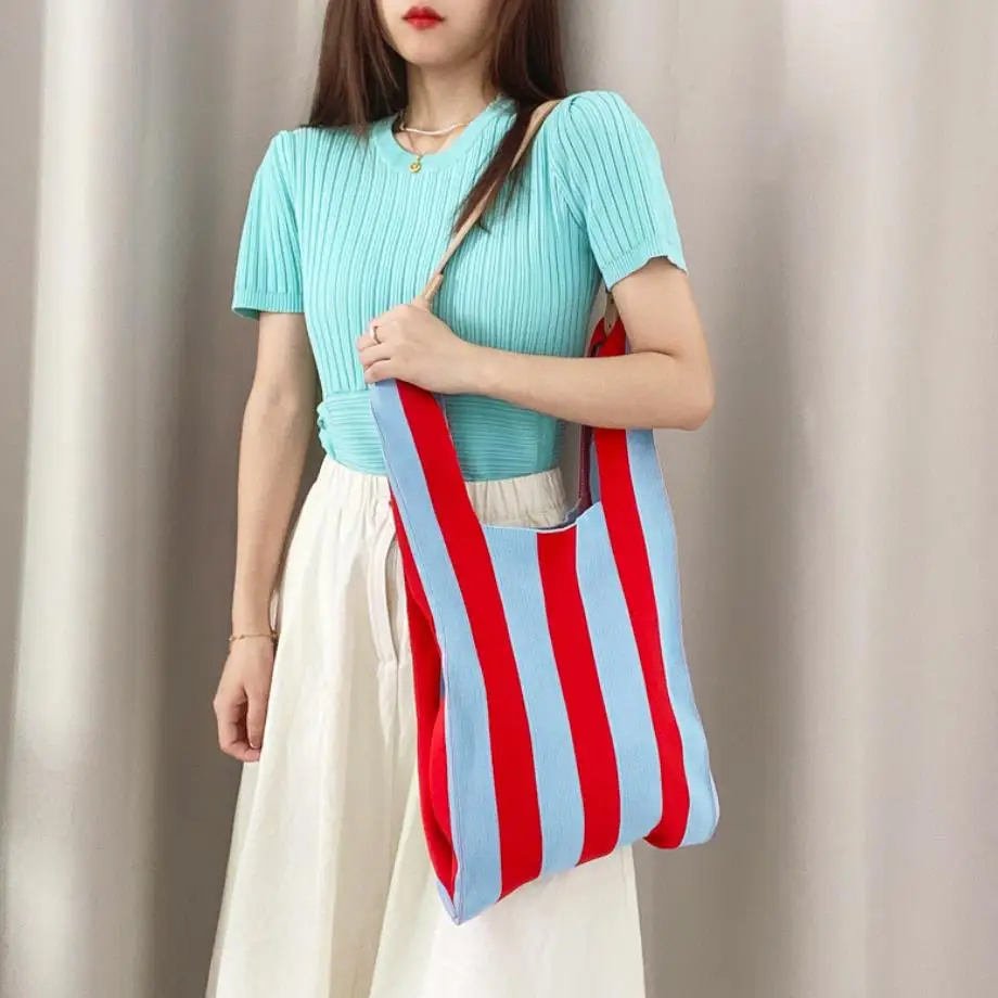 

Korean Fashion Vest Tote Bags Sweet Colorful Knitted Handbag Contrast Stripe Fordable Shopping Bags Summer Large Shoulder Bags