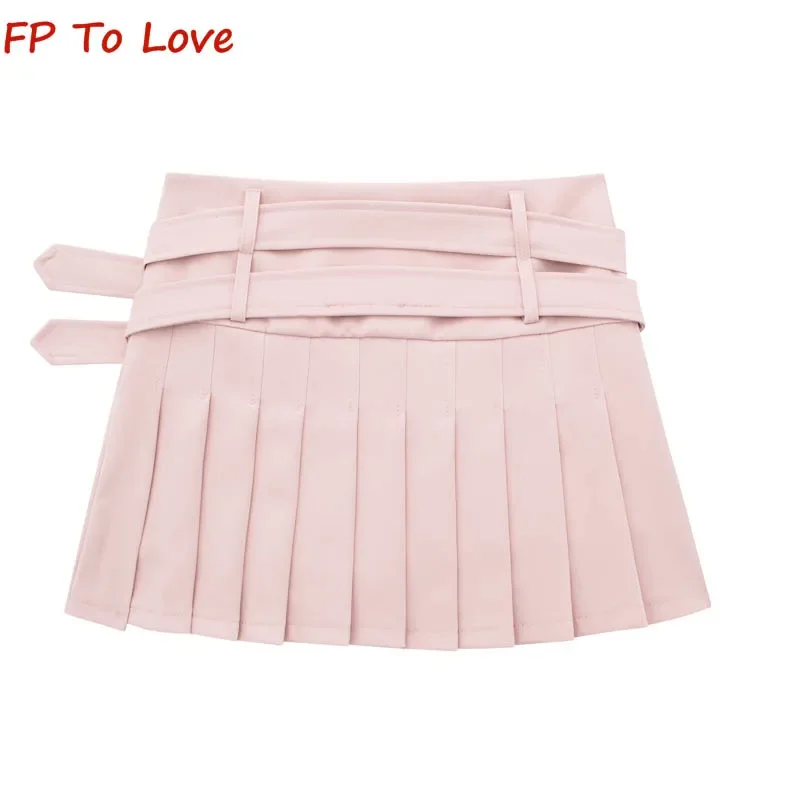 OOTD Pink Sweetie Stylish Love Button Double Belt Pleated Mini Skirts Black A-line Streetwear Young Music Festival Culottes