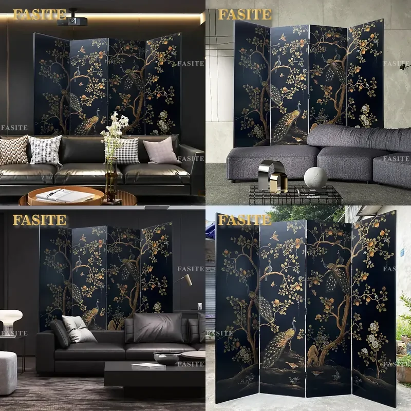 For Living Room Entrance Hand Painted Lacquer Wooden Screen Partition Mobile Blocking Background Retro Simple Small Apartment