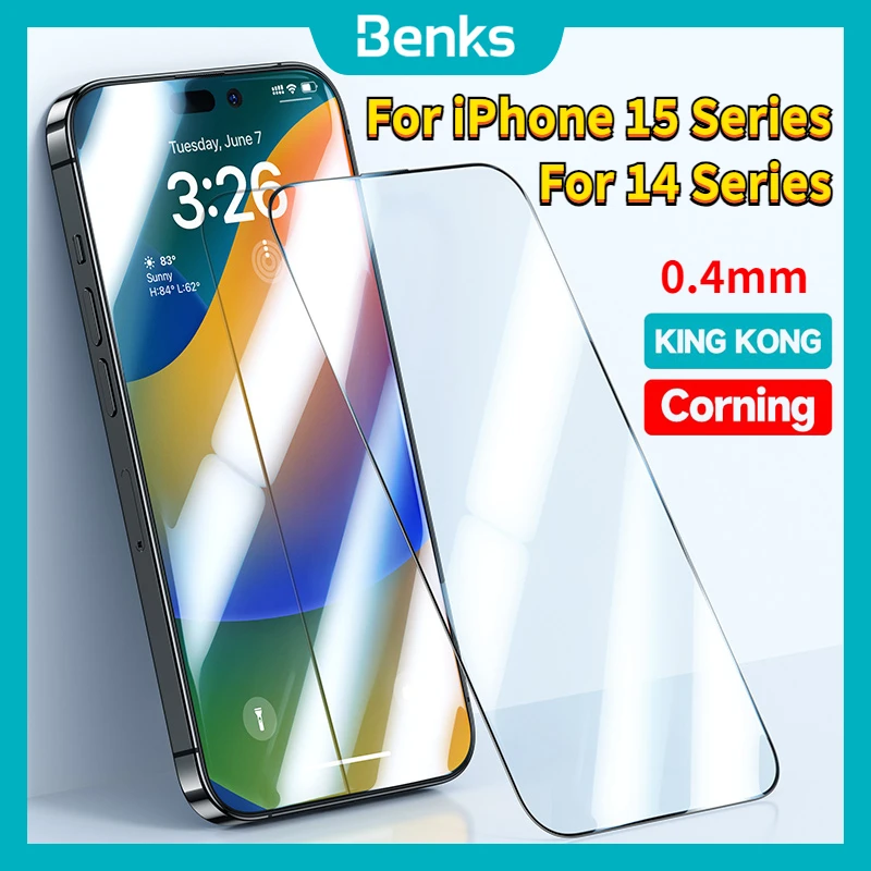 Benks 0.4mm King Kong Corning HD Tempered Glass Film For iPhone 15 Pro Max 14 Pro Max Explosion-Proof Anti-drop Screen Protector