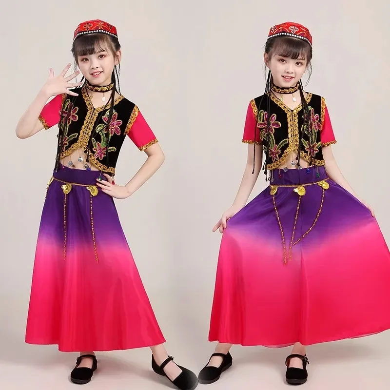 Fato infantil de dança xinjiang, vestido de balanço infantil, Hui uyghur, fantasia de palco para meninos e meninas, novos idiomas