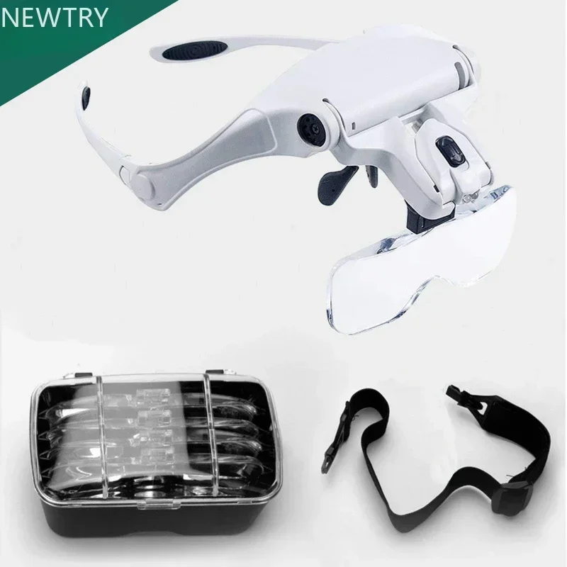 

New Dental Examination Equipment White Head-mounted Magnifier Five Magnification Lenses Double LED Helmet Magnifier Dentist Tool