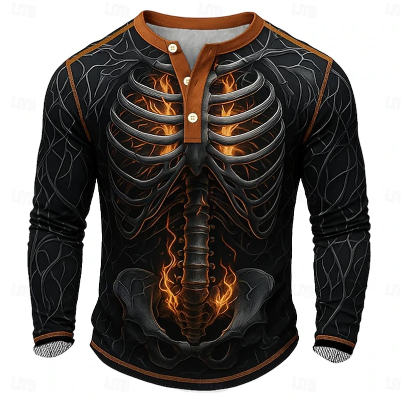 Halloween Gothic Men's Henry T-Shirt Long-Sleeve Color-Blocked Button-Down Shirt With 3D Flame And Torso Skeleton Print