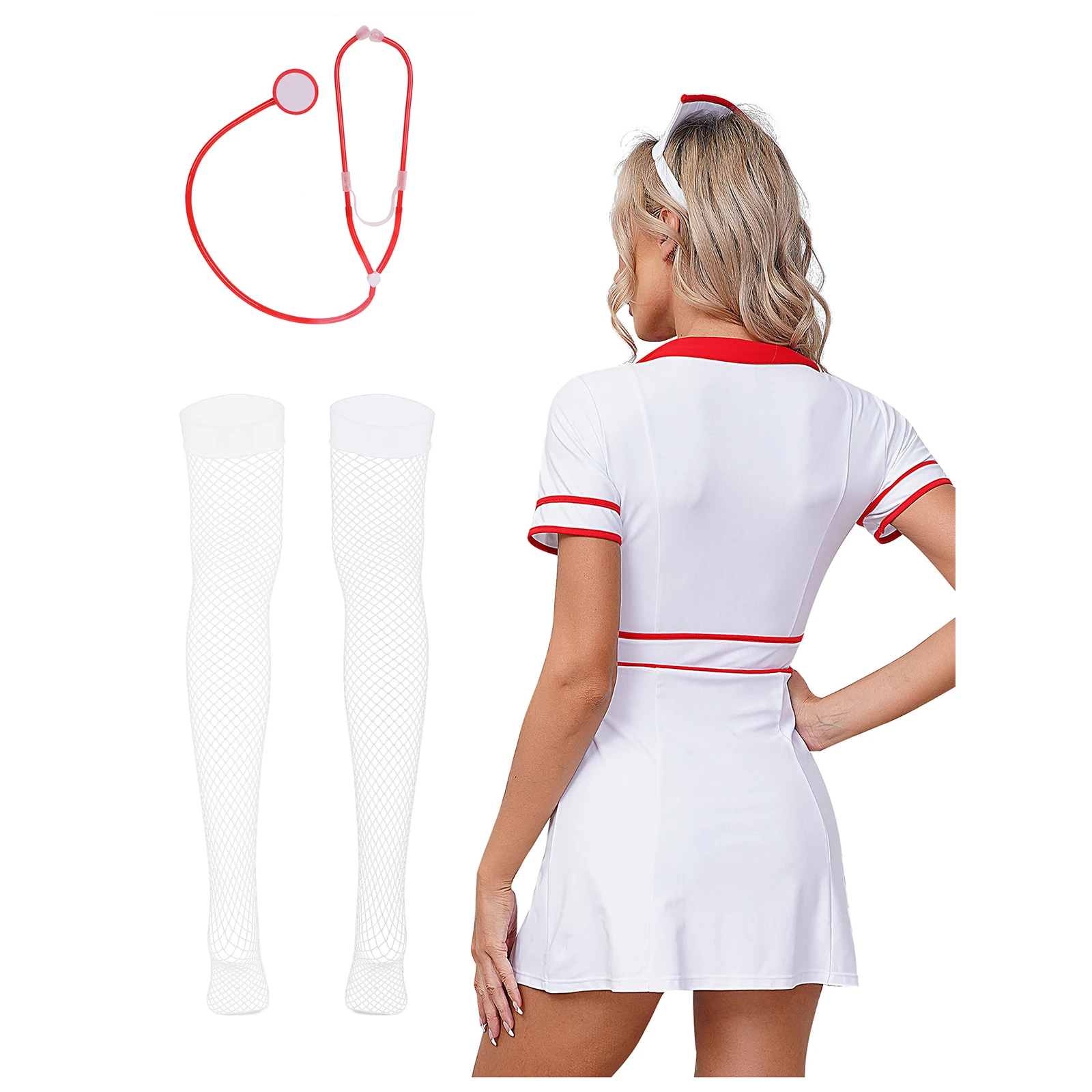 4Pcs Women Nurse Cosplay Dress-up Short Sleeve Mini Dress with Headwear Plastic Stethoscope And Stockings Set for Party Clubwear