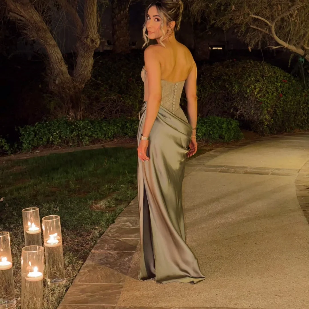 Amanda Customized Champagne-Grey Strapless Lace Beaded Prom Dress Contrast Fitted Floor-Length Formal Evening vestidos de noche