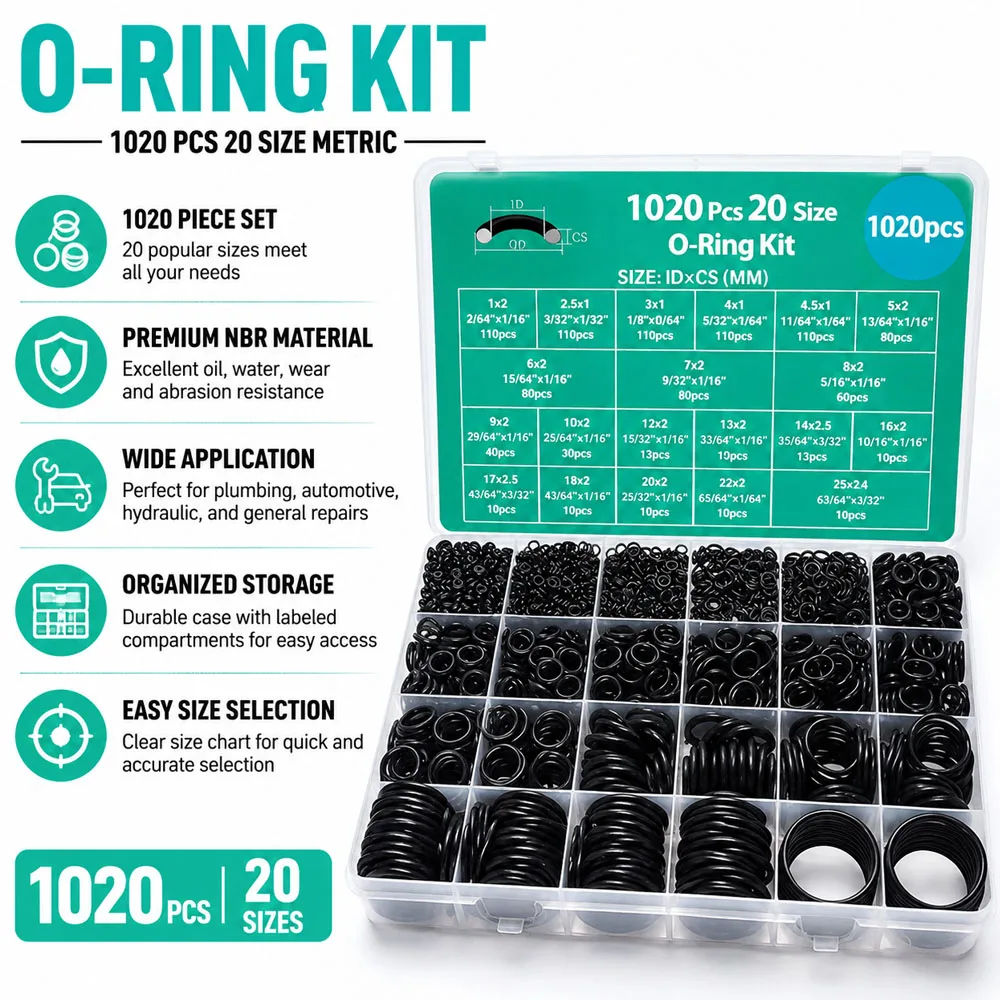 1020pcs/Set Nitrile O-Ring Repair Kit Sealing Ring Set Wear-resistant And Oil-resistant Repair Gasket Rings Kit Boxed