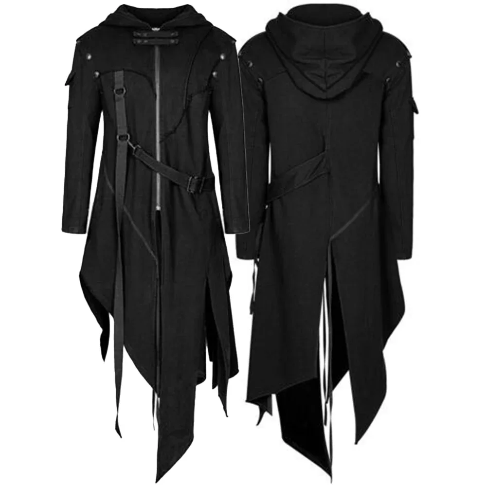 Men Irregular Cosplay Costumes Punk Gothic Steampunk Long Sleeve Hooded  Street Punk Vintage Jackets Irregular Trench Coat New