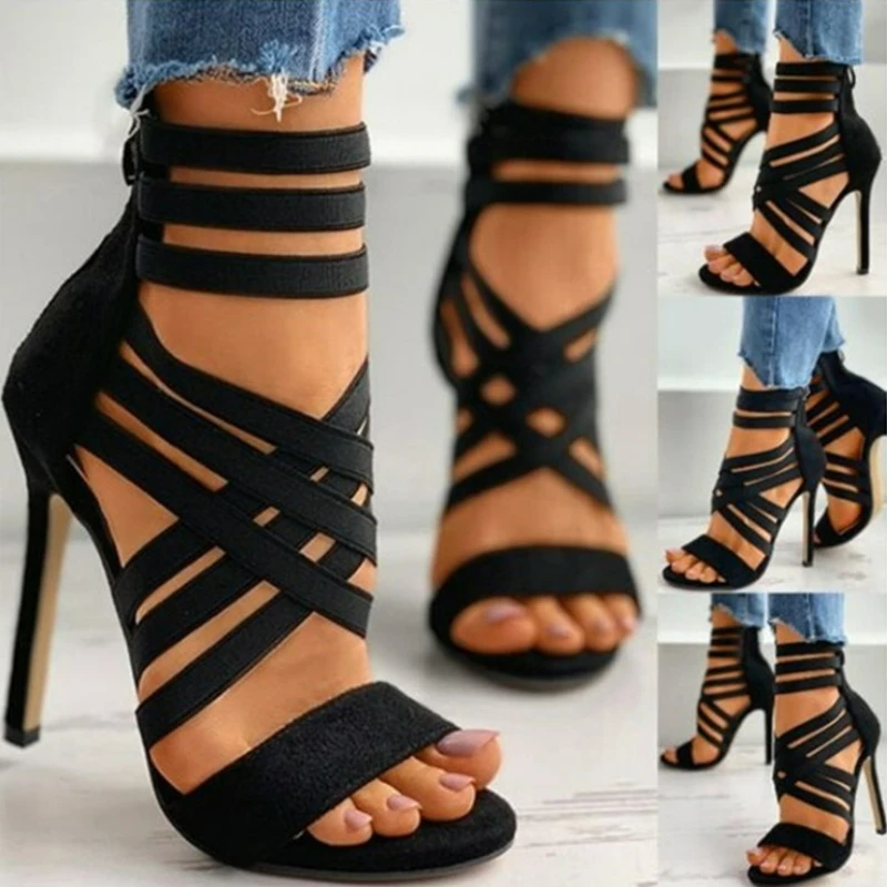 Women's Sandals Elastic Band Cross High Heels Sexy Peep Toe Pumps Summer New Back Zipper Sandals Black Pointed Toe Women Shoes