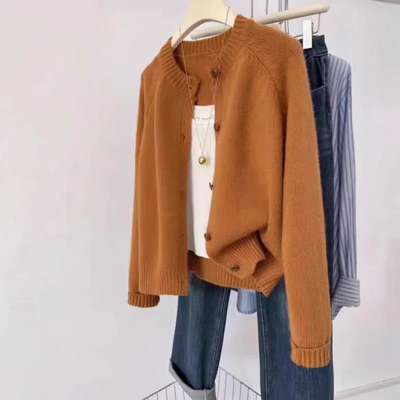 Wool Women's Cardigan with Round Neck and Raglan Sleeves, Loose and Casual, Versatile Autumn and Winter Coat, Temperament for Co