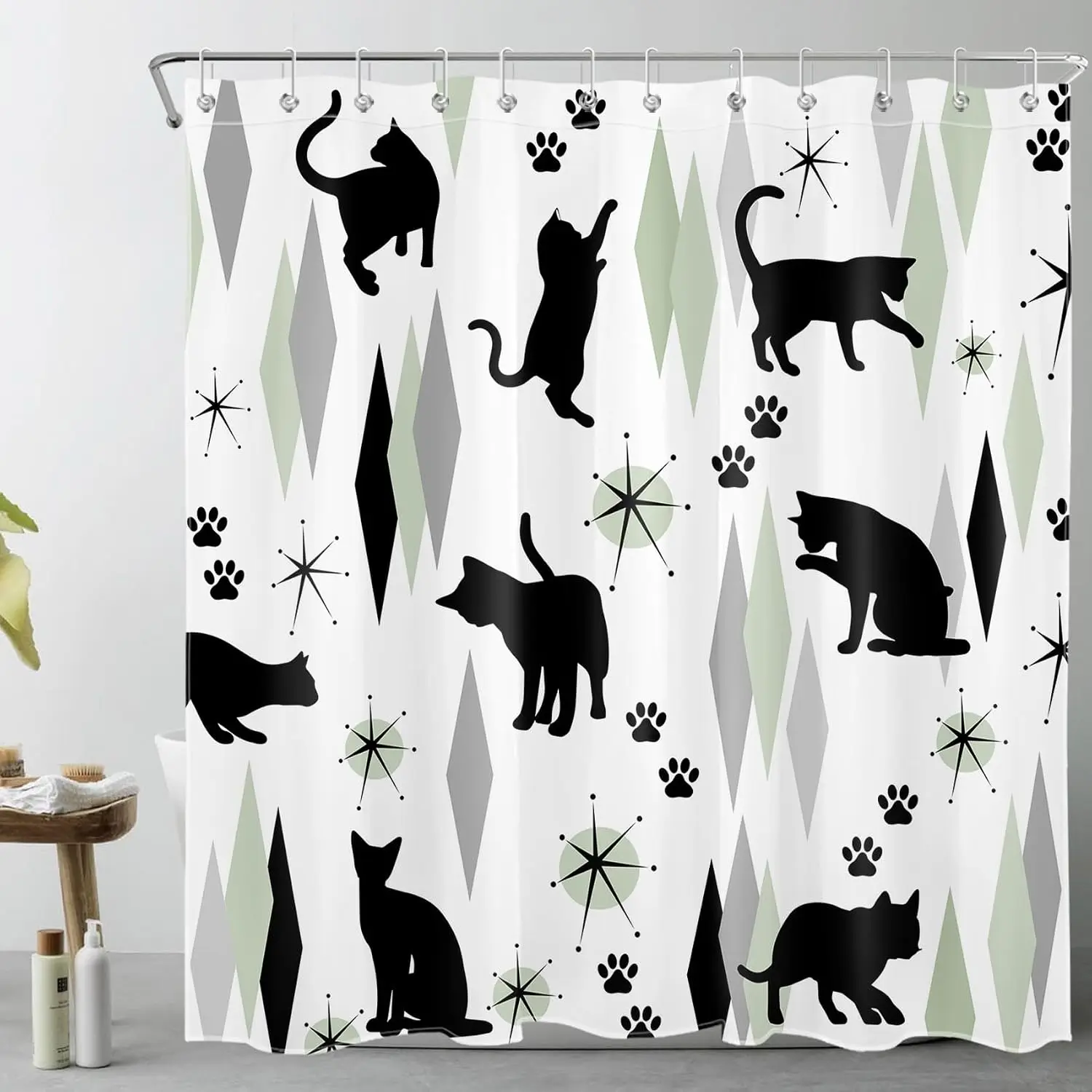 Retro Cat Silhouette Shower Curtain, Mid-Century Modern Geometric Pattern, Black & White Pet Lover Bathroom Decor