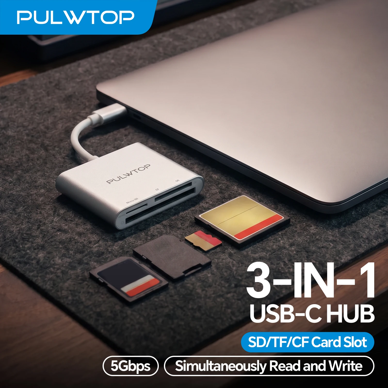 PULWTOP USB-C Card Reader, 3 in 1 Adapter with Compact Flash CF, SD, MicroSD Slots, Memory Card Reader Compatible