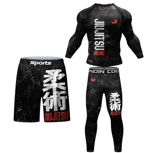 Imagen 2 del producto Nueva camiseta y pantalones Jiu Jitsu Rashguard MMA para hombres 4 unids/set lucha brasileña Bjj boxeo Rash Guard ropa deportiva pantalones cortos de gimnasio