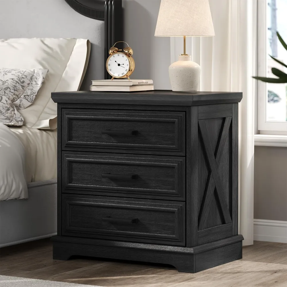 24 Inch Wide Farmhouse Nightstands Set of 2 with Charging Station, Dark Gray Nightstand with 3 Large Drawers, Rustic