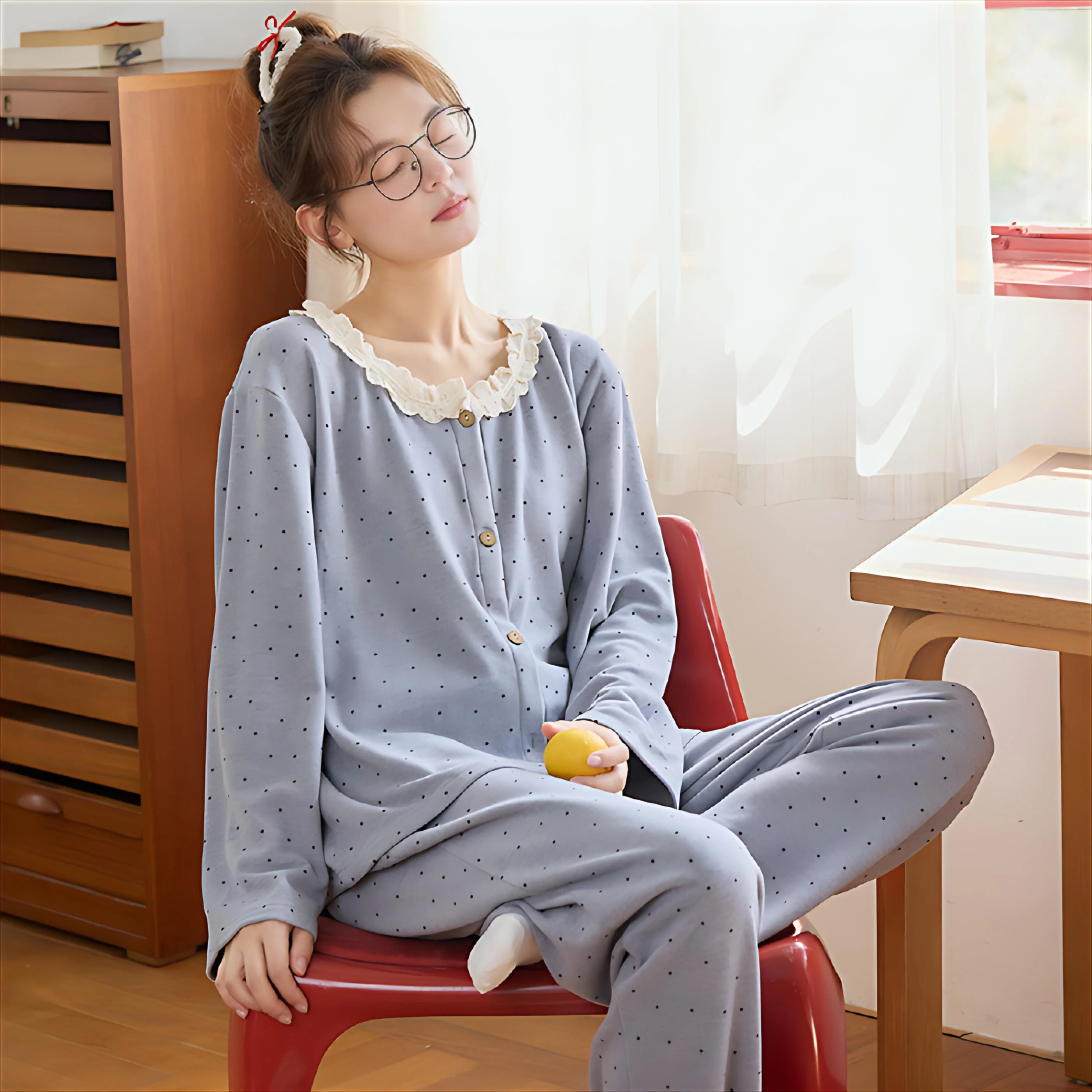 

Pajama Sets Purple Women Seasonal Chiffon Polkadot Cap Sleeve Round Neck Shorts Breathable Nightwear Thin Light Quick Dry Simple