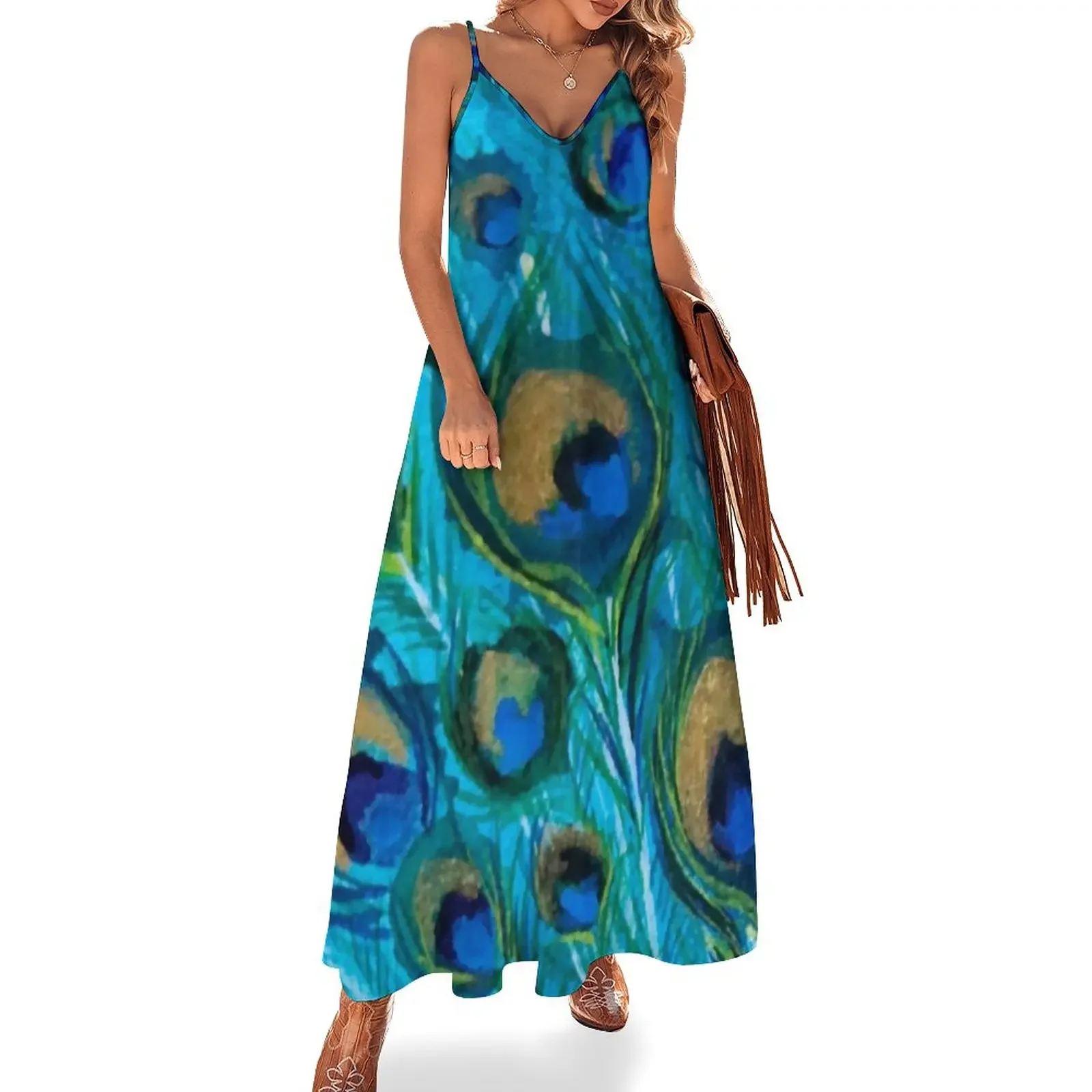 

Peacock Feather Painting Sleeveless Dress evening dress Dresses gala Female clothing