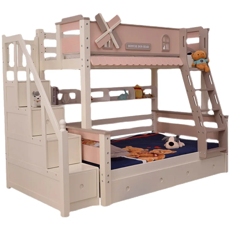 !@Pink Windmill Girl Princess Bunk Bed Multi-functional High and Low Bunk Bed for Children Small Apartment Space-Saving Furnitur