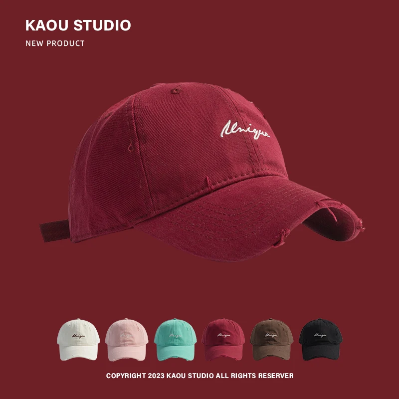 Red Hat for Women Street Trend Ripped Peaked Cap Fashionable All-Match Deep Top Casual Baseball Cap for Men