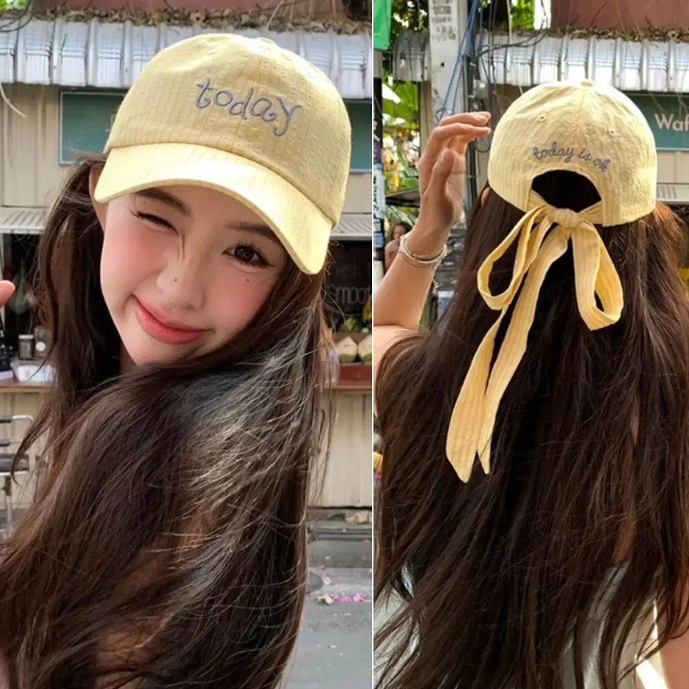 Embroidered Letter Baseball Cap Striped Design Sweet Bow Tie Sports Hat Bow Ribbon Design Cotton Material Embroidered Letter Cap