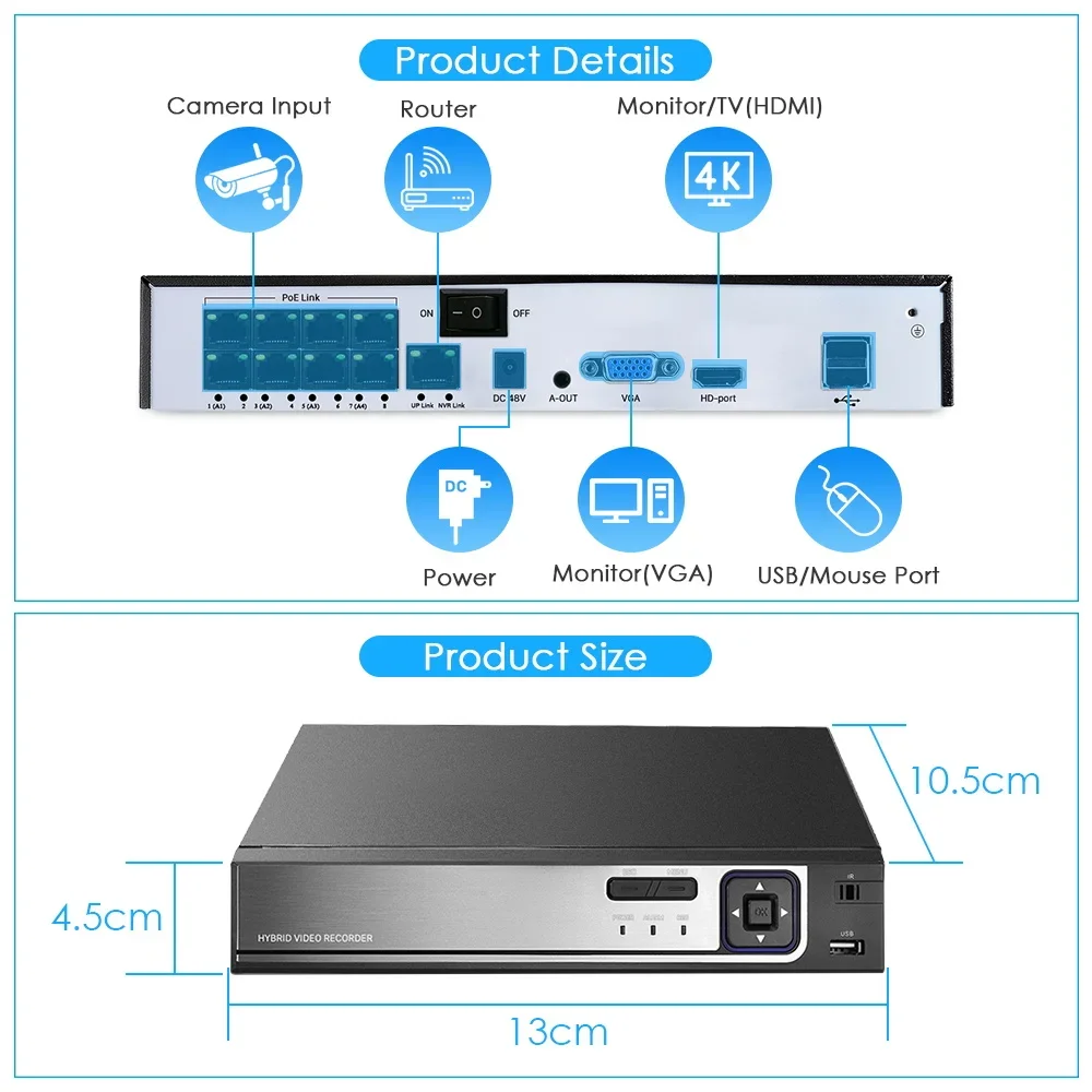 4K Ultra HD H265 8CH 10CH 8MP POE NVR XMEYE Face Detection CCTV Network Video Recorder for 5MP 4MP 2MP POE IP Security Camera