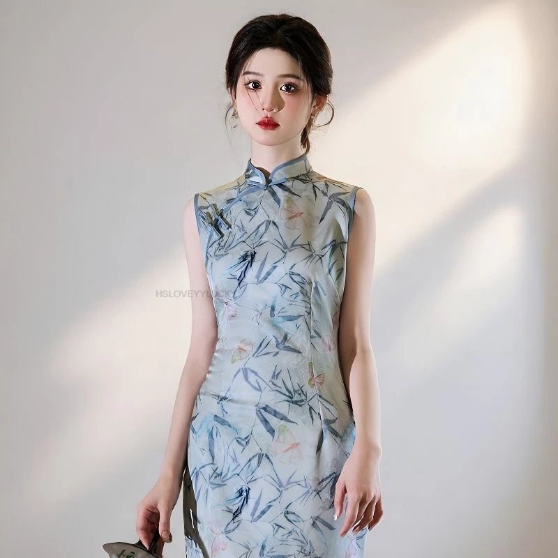 Vintage Daily Improved Cheongsam Summer Bamboo Print Literature Art Dress Chinese Lady Modern Improved Leisure Qipao
