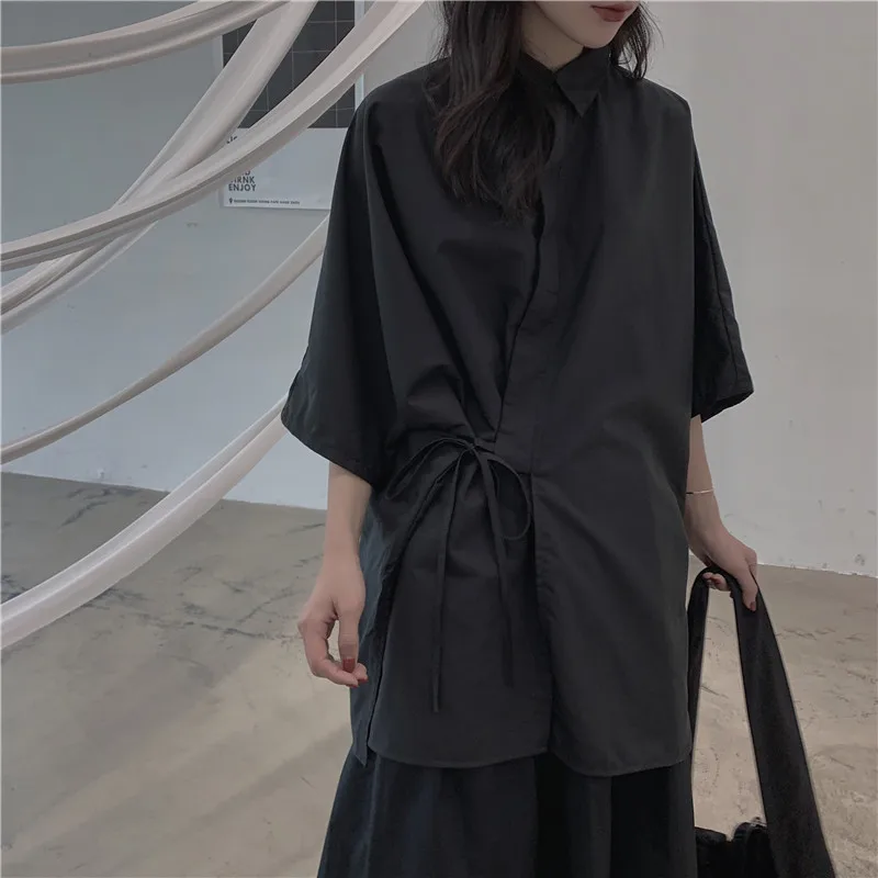 

Dark Shirt Women's Stylish Japanese Style Loose Slimming Short Sleeve Shirt Hong Kong Style Top Trendy Original Design Button...