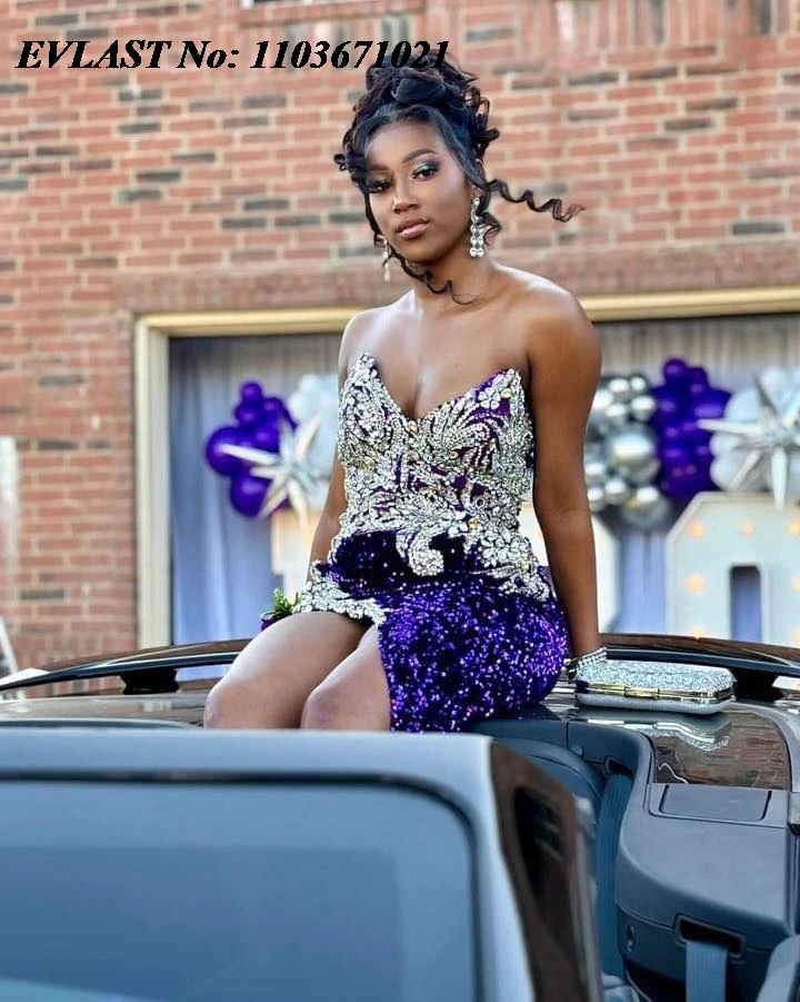 EVLAST Customized Purple Prom Dress For Black Girls 2024 Silver Diamonds Beaded High Slit Party Gala Gown Vestidos De Fiesta P93