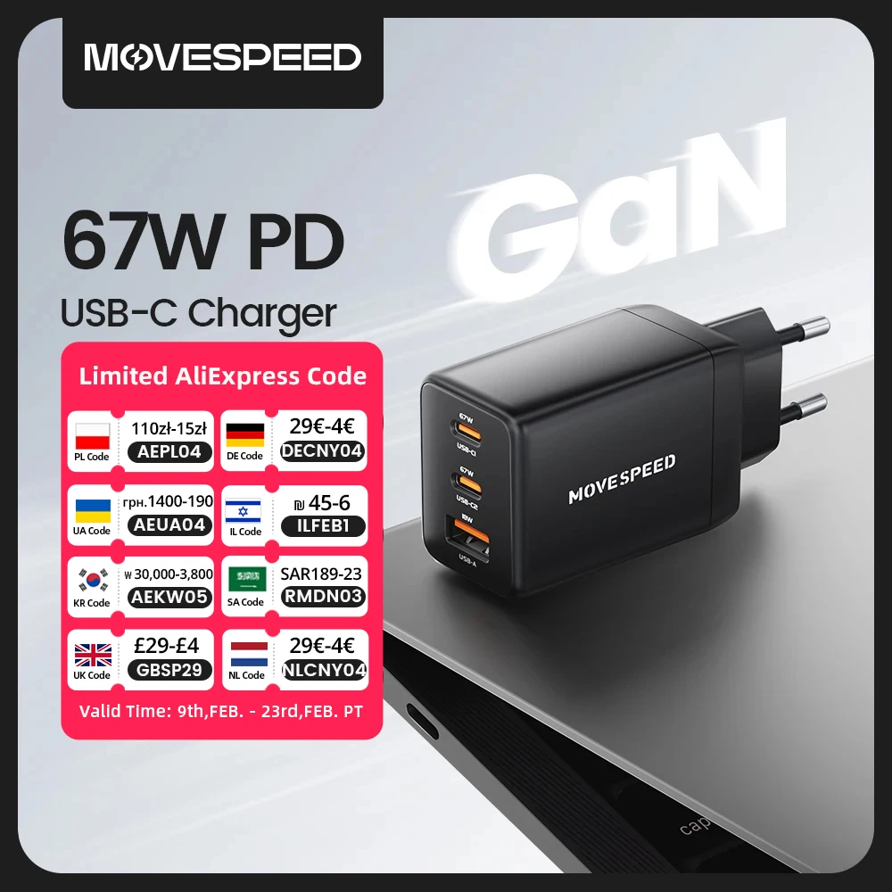 

MOVESPEED 67 Вт USB-C Зарядное устройство для быстрой зарядки 65 Вт PD Type C PPS GaN Адаптер для iPhone 16 Pro MacBook Air Samsung S24 Huawei
