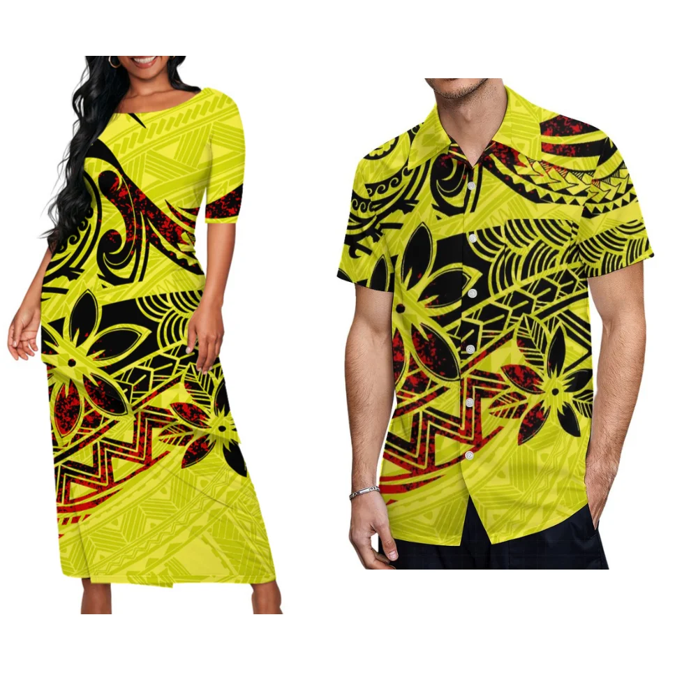 Puletasi Elegant Two-Piece Polynesian Island Tailored Women'S Tight Tops And Long Skirts Match Men'S Loose Shirts