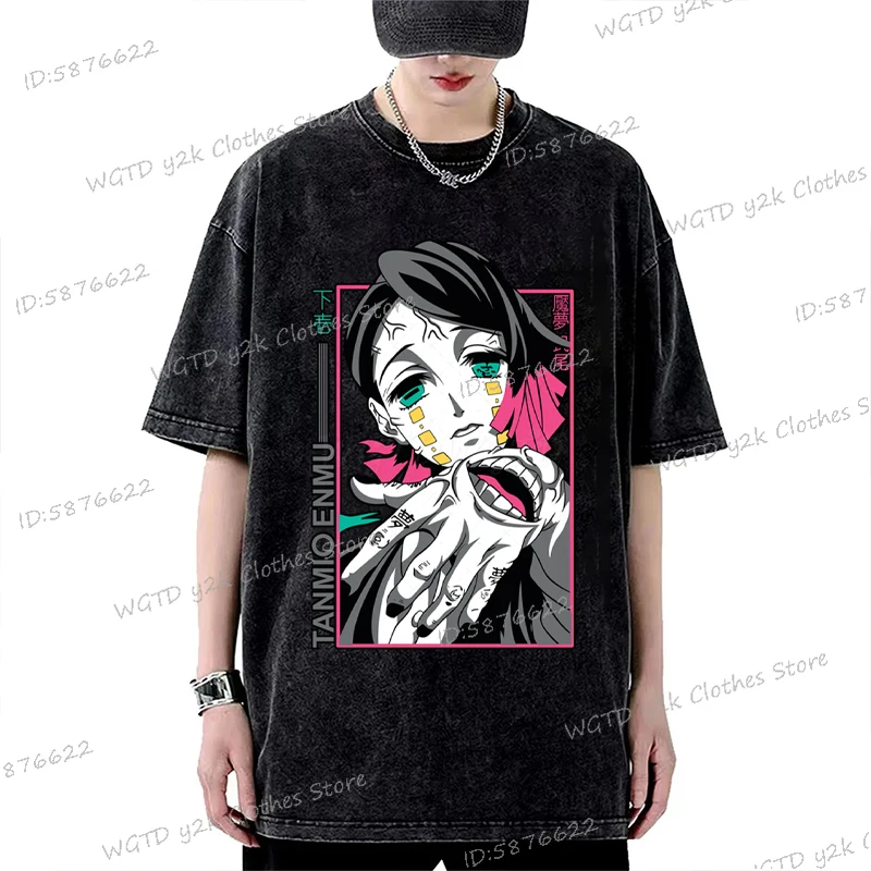 

Demon Slayer Anime Graphic T Shirts Men Women Fashion Y2K Enmu Short Sleeve Tops Vintage Washed Cotton Hip Hop Streetwear