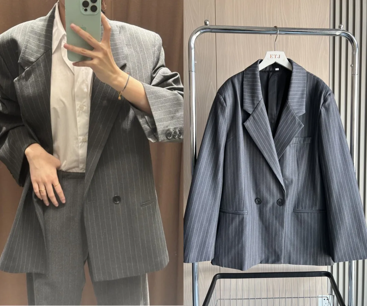 

LIBIELIY Fall/Winter New Women's Commuter All-in-one Oversized Pinstripe Shoulder-padded Baggy Blazer