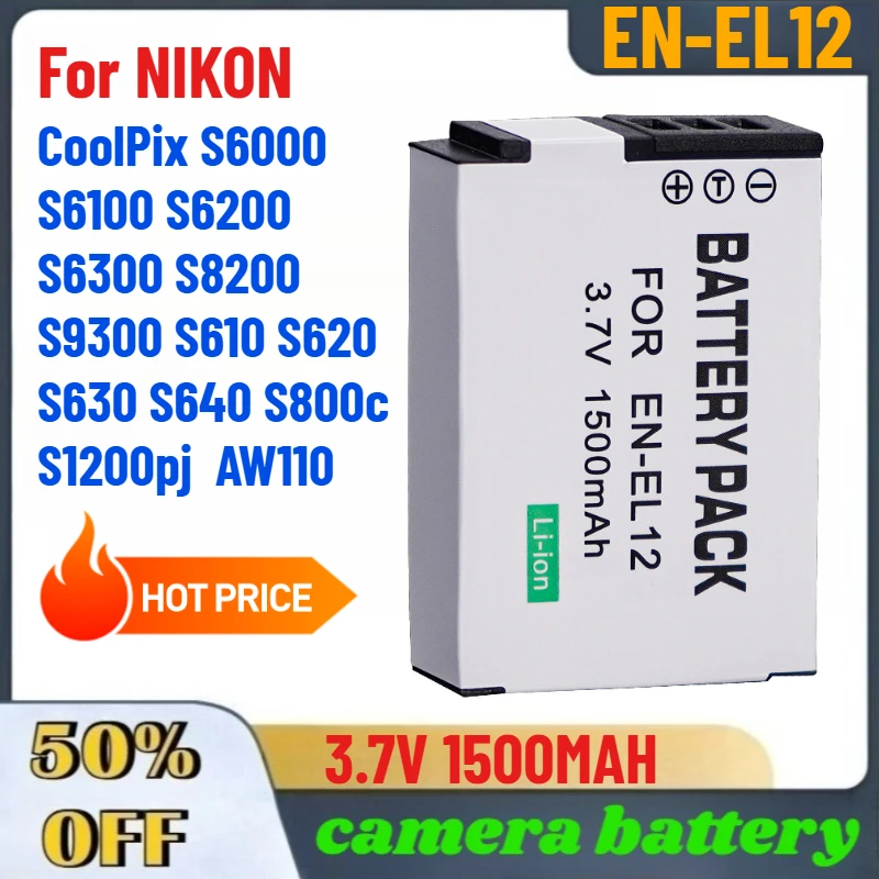 

EN-EL12 3.7V 1500MAH Battery For NIKON CoolPix S6000 S6100 S6200 S6300 S8200 S9300 S610 S620 S630 S640 S800c S1200pj AW110
