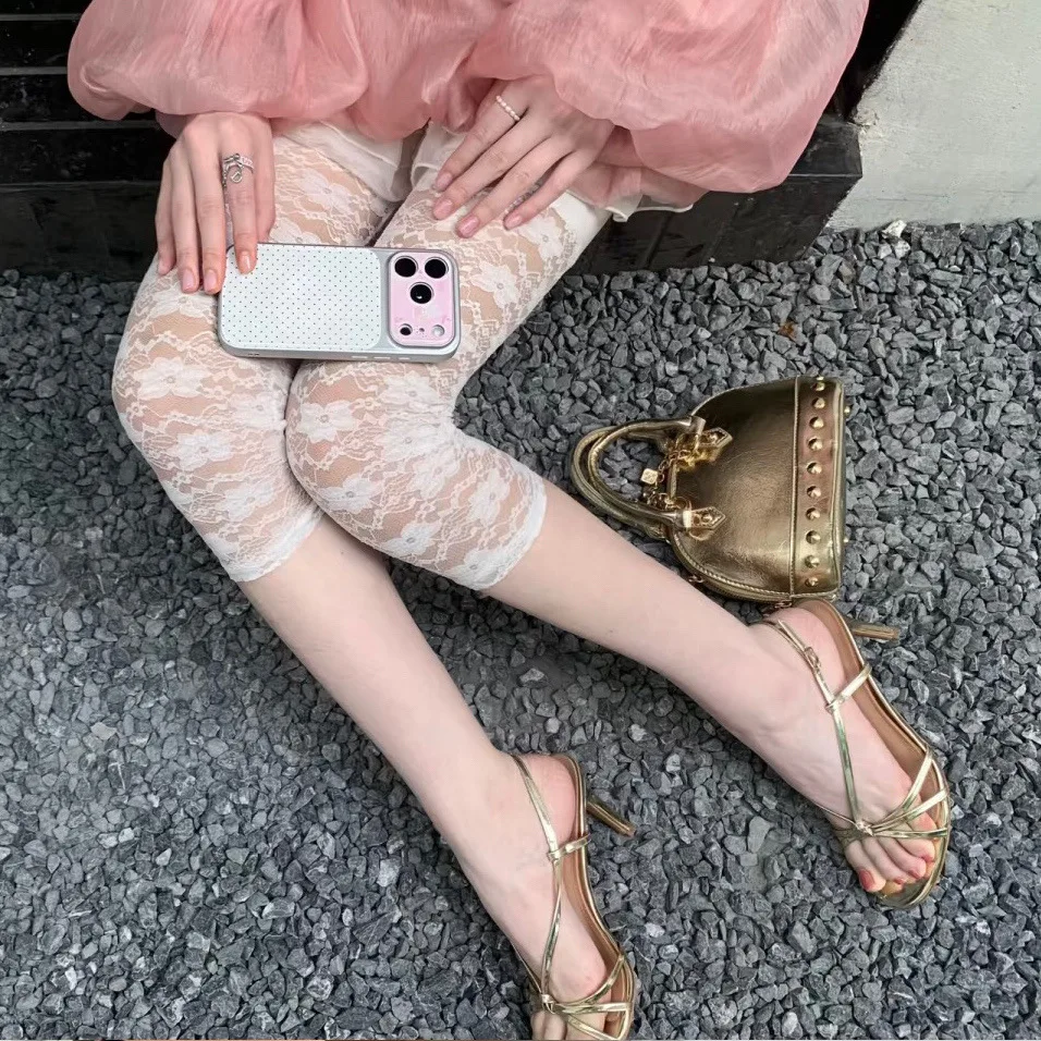 Thin Summer Lace Hollow Leggings Ins Korean Sweet Cute Sexy Capri Pants Autumn Daily Dating Shopping Womens Five Point Pants