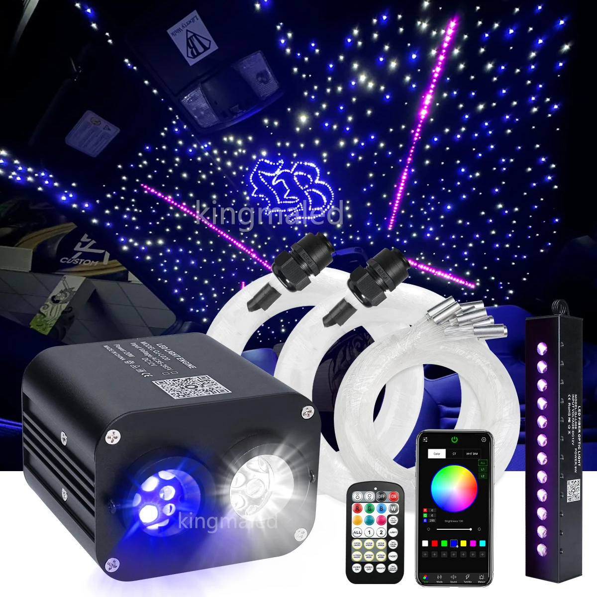 20W Twinkle Car Roof Star Light with RGB Meteor Music APP Control Fiber Optic Star Ceiling Light Kit for Starry Sky ceiling