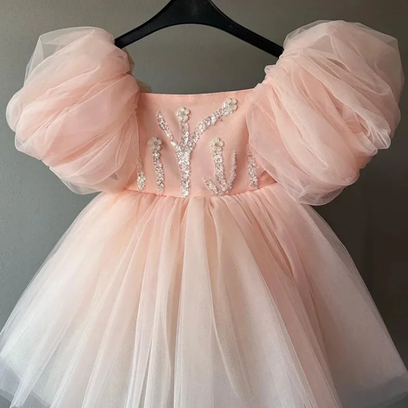 Vestido de verão para meninas, festa de aniversário, vestido de princesa, primeiro aniversário infantil, flor, vestido curto bufante