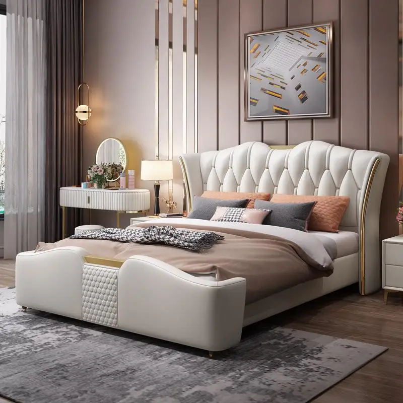 سرير جلدي فاخر خفيف غرفة نوم رئيسية مزدوجة 1.8 متر سرير كبير تخزين الشمال سرير الزفاف أثاث غرفة نوم #1