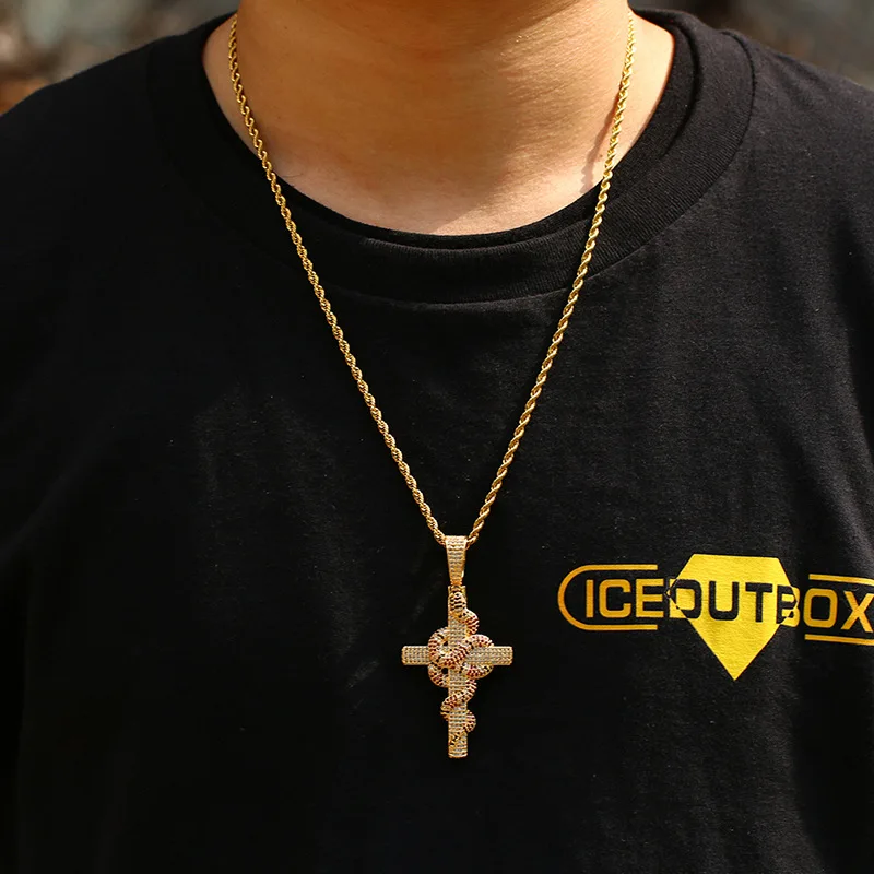 

18K Gold Plated Snake Cross Iced Out Pendant Necklace, Full CZ Paved Hip Hop Statement Jewelry for Men, Waterproof Non Tarnish