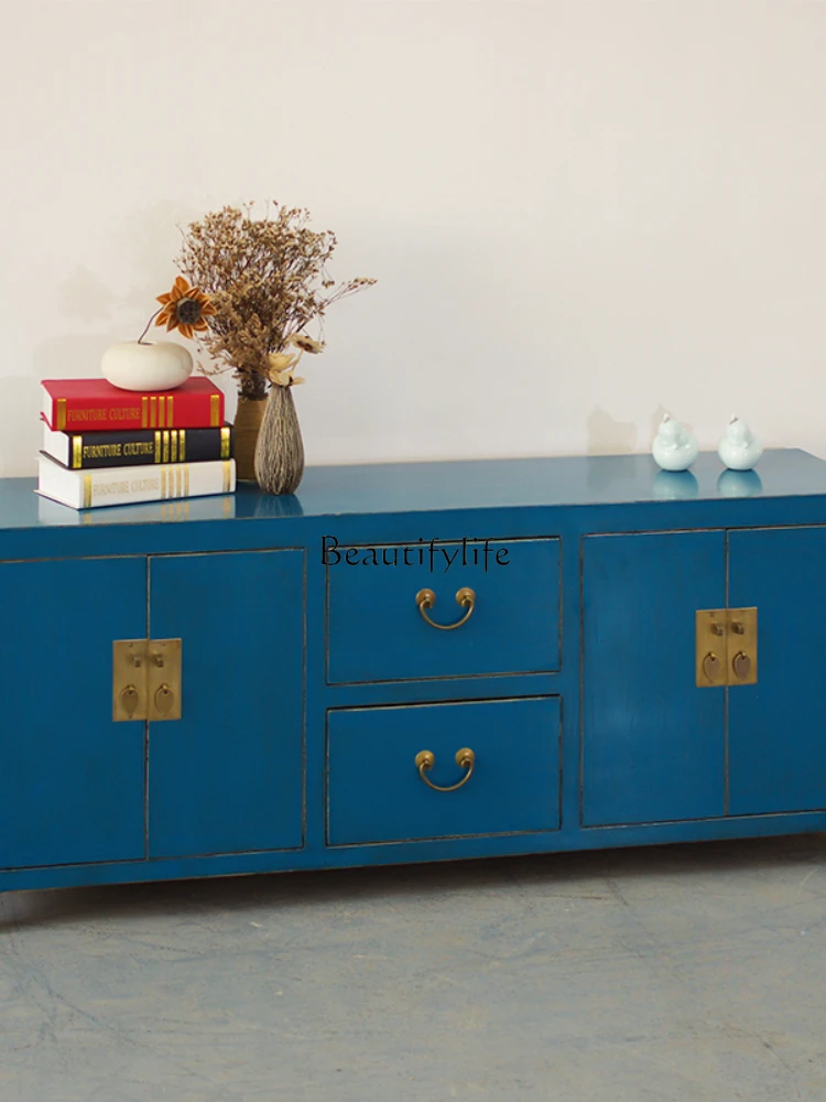 Chinese Solid Wood Painted Lacquer Blue Video Cabinet Elm Furniture Retro Side Cabinet Simple Storage Customization