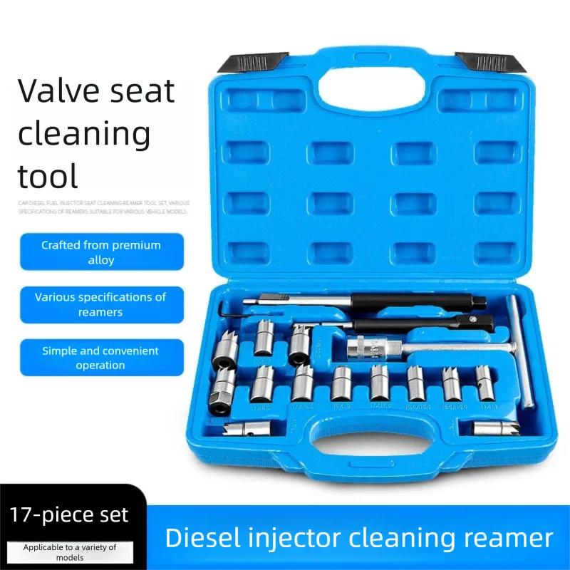 17Pcs Diesel Injector Set Seat Cutter Cleaner Disassemble Tool Kit Universal Injector Re-Face Reamer Tool Set