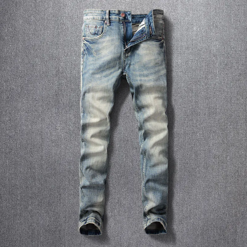 

Italian street fashion men's painted jeans retro blue elastic slim fit patchwork designer bicycle jeans men's pants hip-hop jean