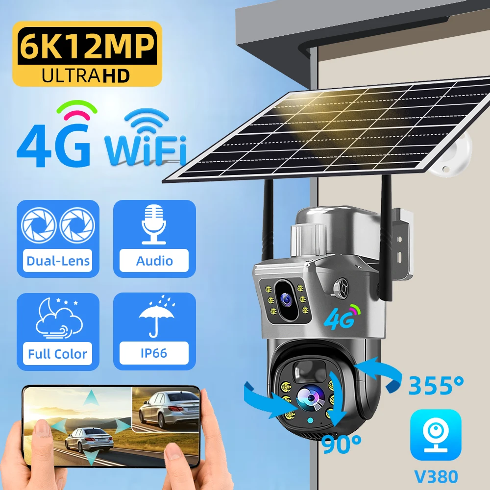 

V380 PRO 12MP 4G уличная камера безопасности с автоматическим отслеживанием 6K ночного видения двойной объектив PIR CCTV защита безопасности